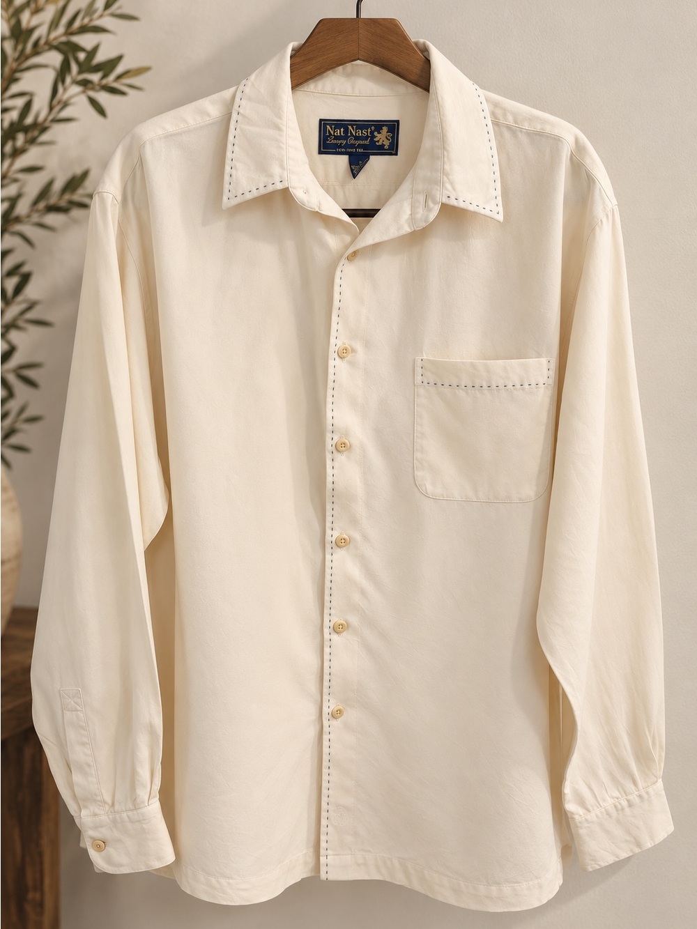 Nat Nast Luxury Originals Silk Button Down Shirt Cream with Black Stitching Sz L